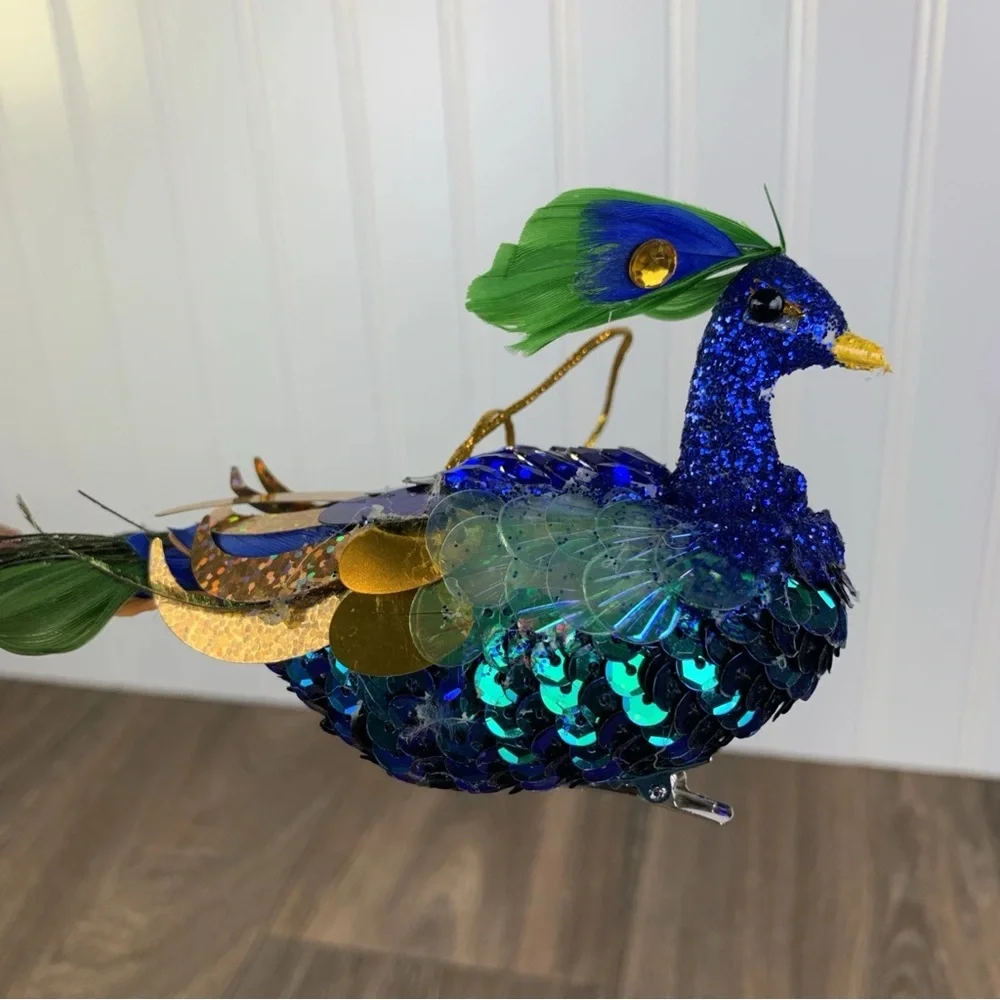 Peacock Blue Green Clip-on or Hanging Ornament with Feather Christmas 11